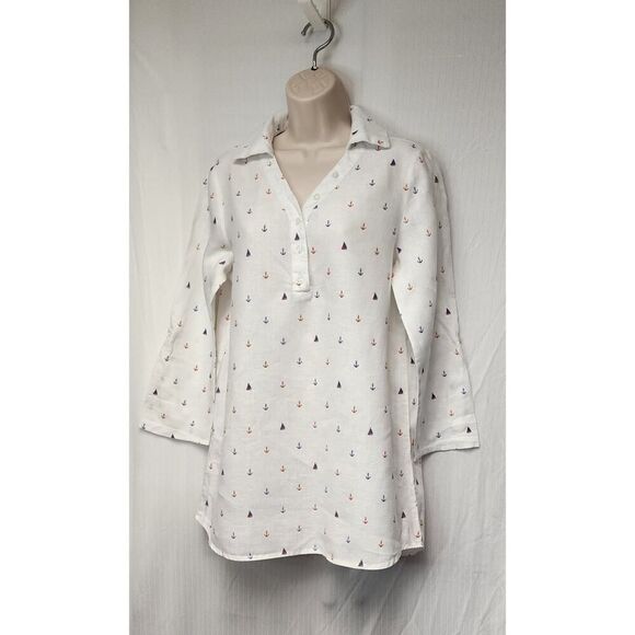 Cynthia Rowley Womens Sailboat Anchors Linen Tunic Blouse Multi-White Size Small - Picture 3 of 9